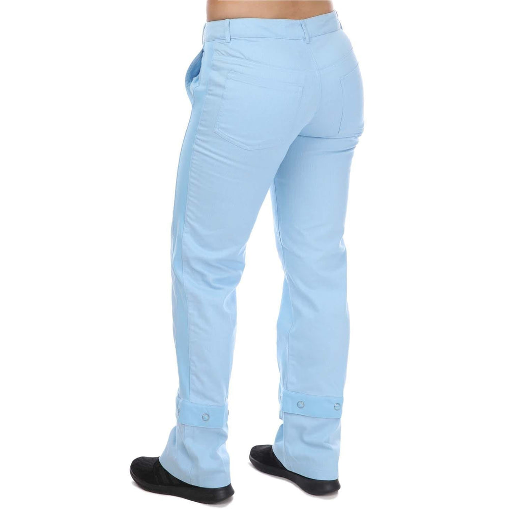 Light blue denim track pants with straight legs and buttoned ankle cuffs