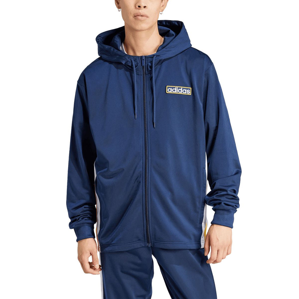 Indigo hooded full-zip track jacket style hoodie with adidas logo patch