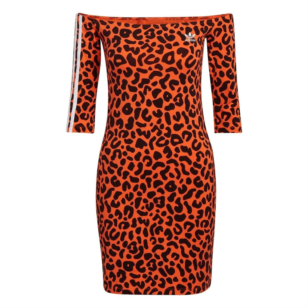 Adidas off-shoulder mini jersey dress, orange leopard print with black long sleeves