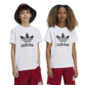 White junior t-shirt with black adidas Trefoil logo on the chest; crew neck design