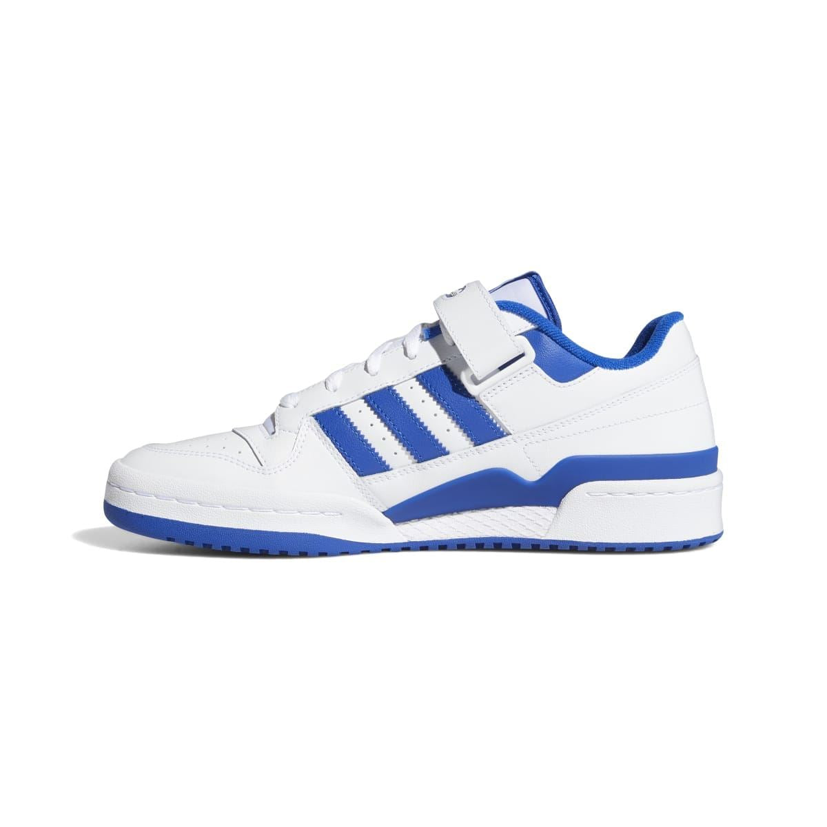 White and blue low-top trainers with strap closure and cushioned midsole