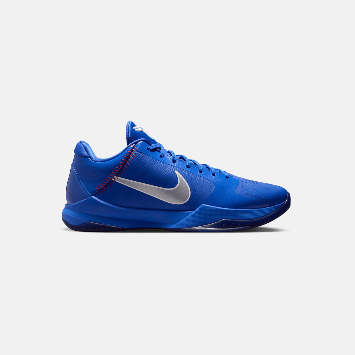 Nike Kobe V Protro blue basketball shoes with silver Swoosh and red stitching