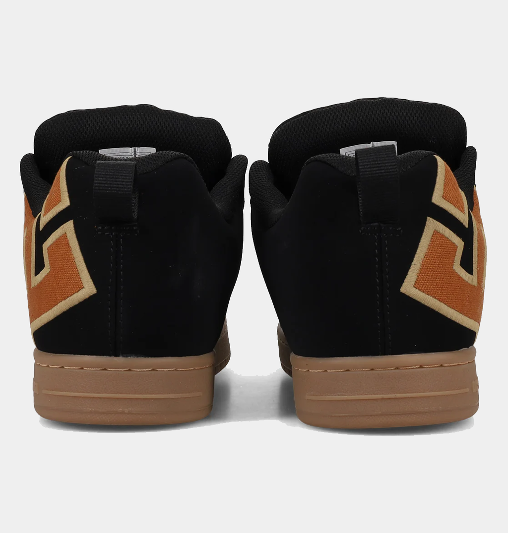Court Graffik skate shoes, black heel with tan accent patch and brown sole edge