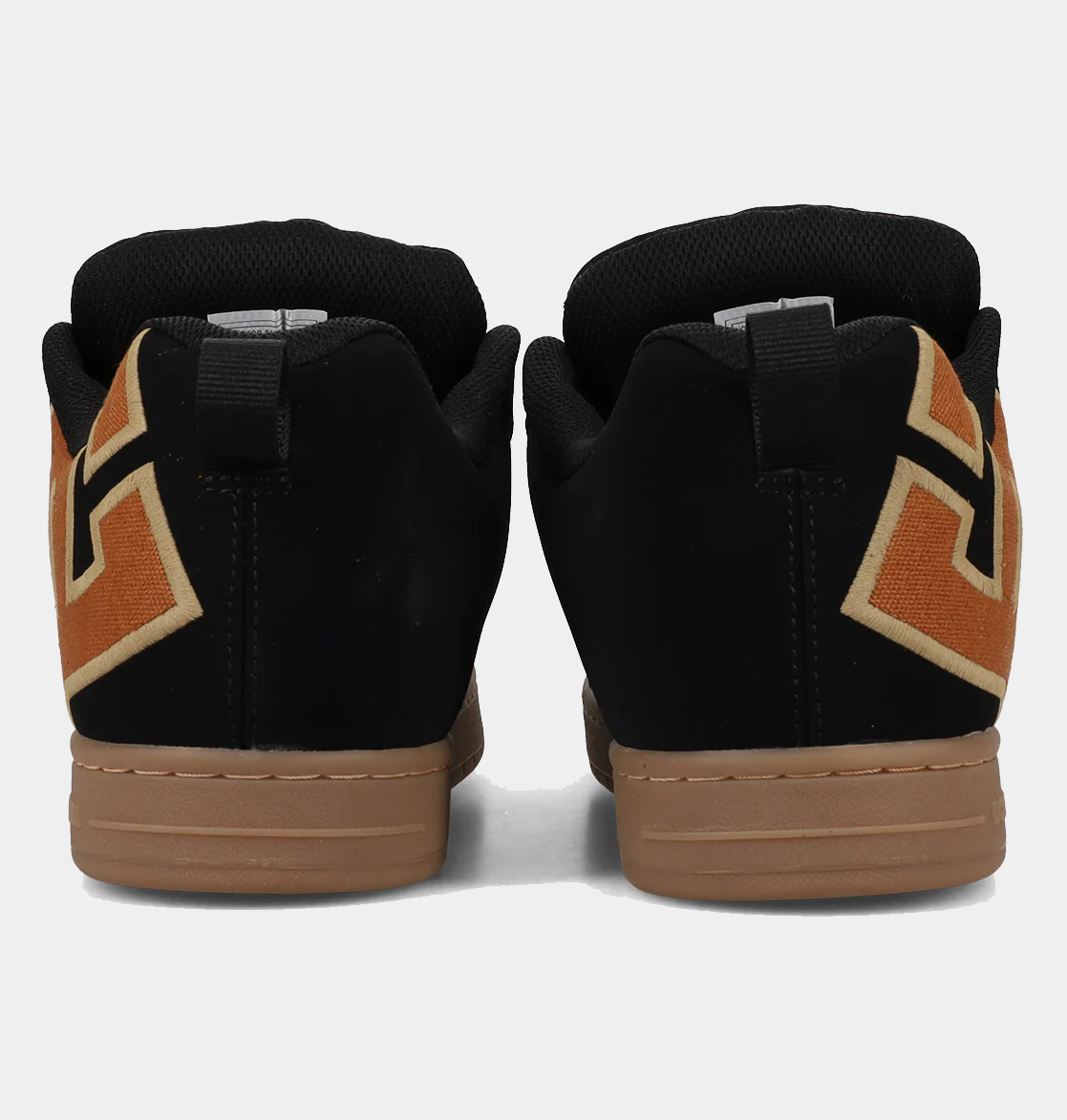 Court Graffik skate shoes, black heel with tan accent patch and brown sole edge