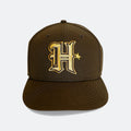 Brown 59Fifty cap with gold 'H' logo and star embroidery