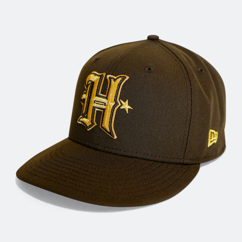 Brown 59Fifty cap with gold-outlined 'H' logo and star details