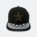 Black baseball cap with gold star embroidery and patterned white brim