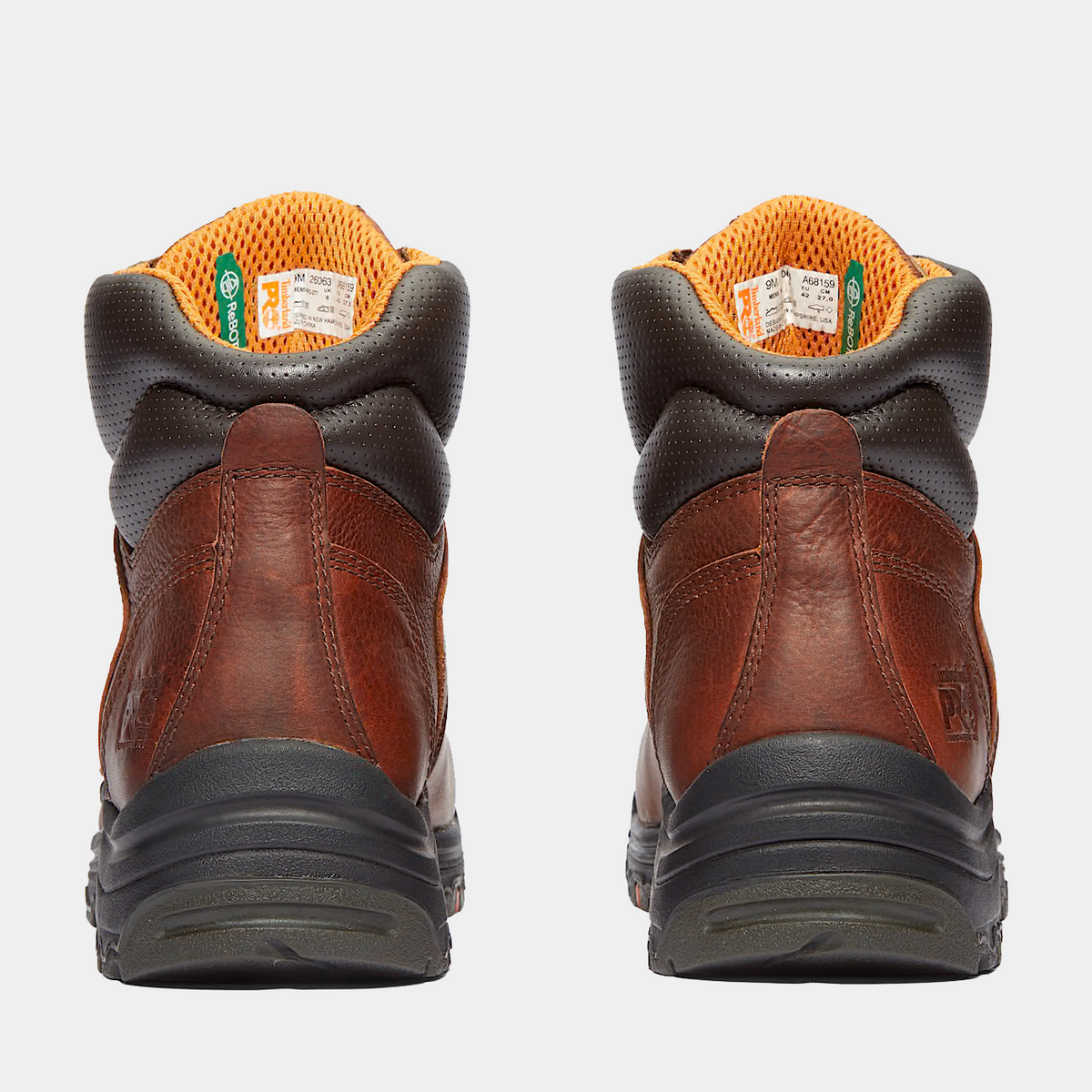 Brown safety work boots back view with orange collar lining and padded heel