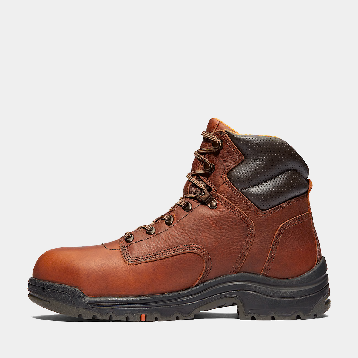 Brown high-top safety toe work boot, front side view, padded collar and rugged sole