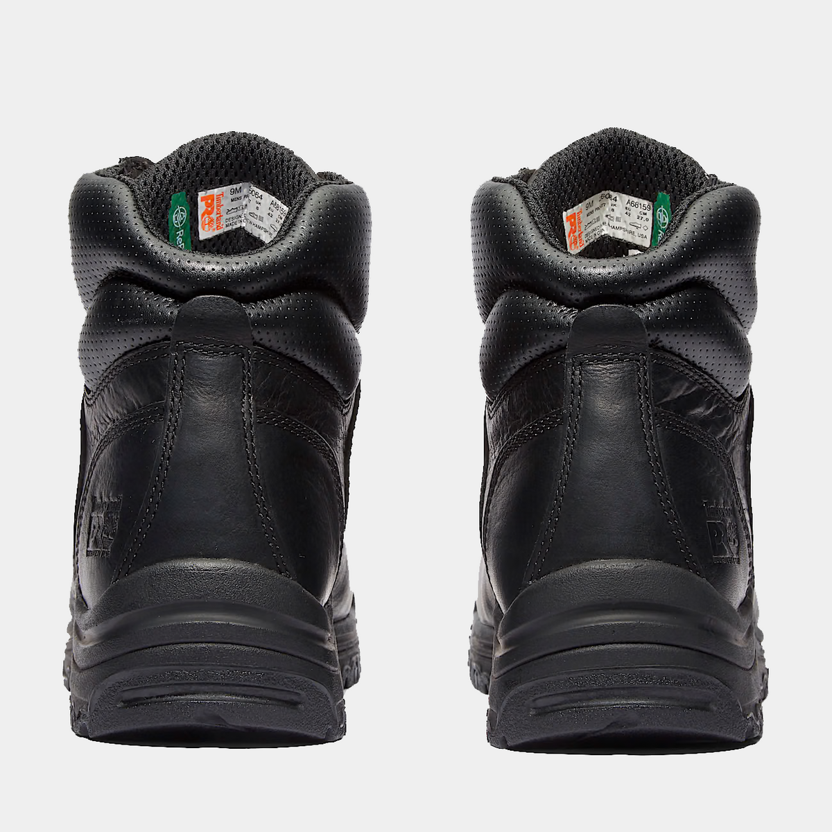 Black work boots rear view with lace closure, cushioned lining, and heel tabs