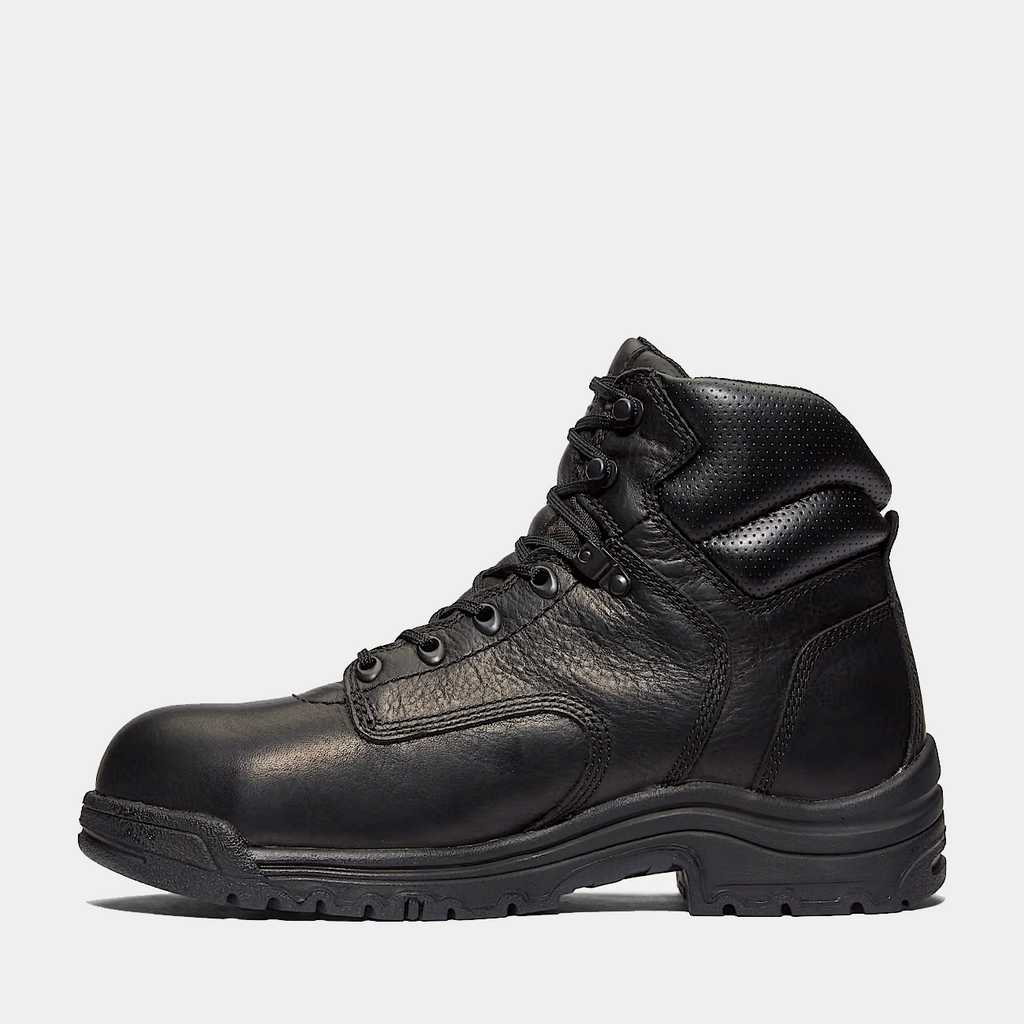 Black high-top safety toe work boot, side view, perforated upper and thick outsole