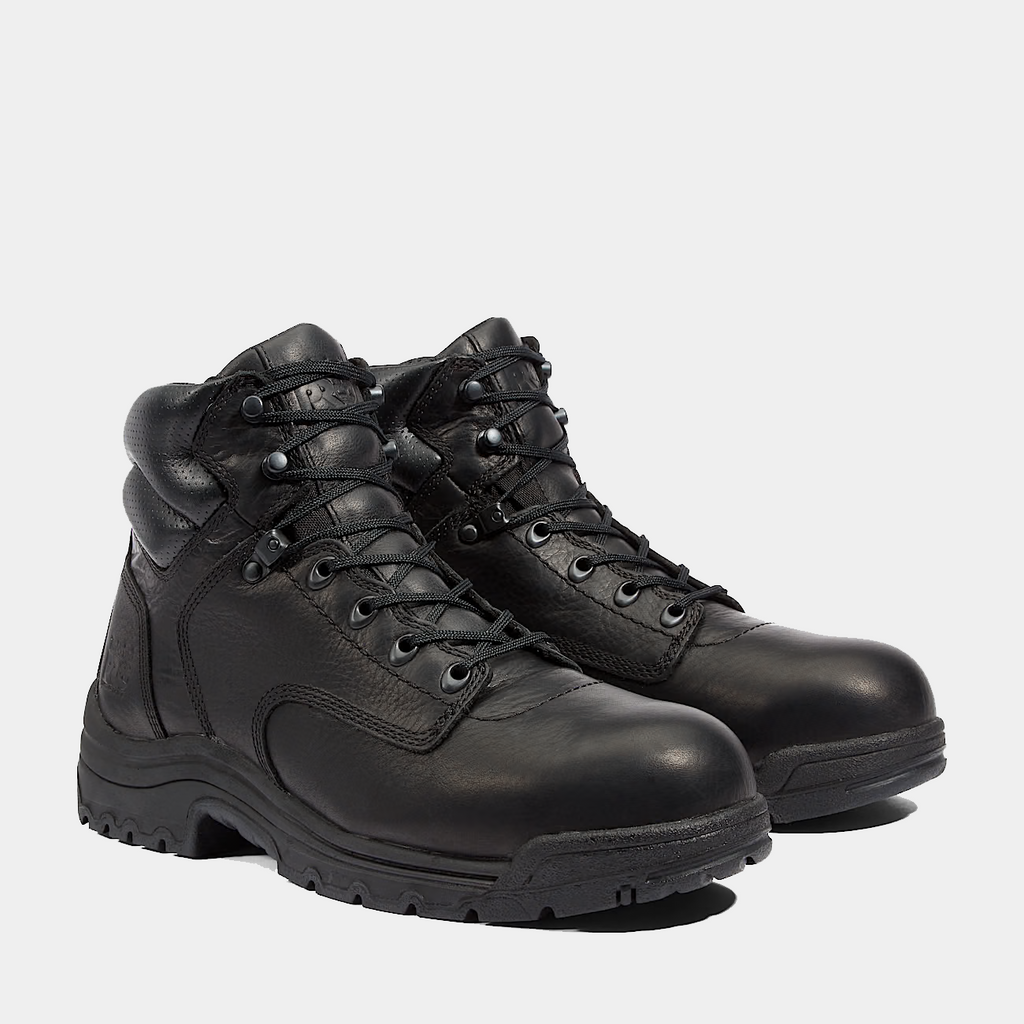 Black lace-up safety toe work boots pair with padded collars and textured leather
