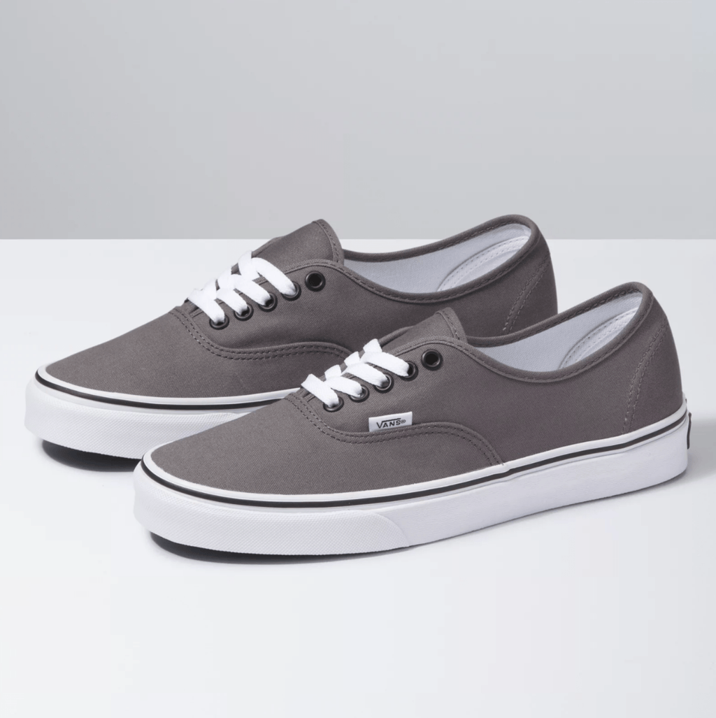 Grey canvas low-top sneakers, lace-up front, white rubber sole