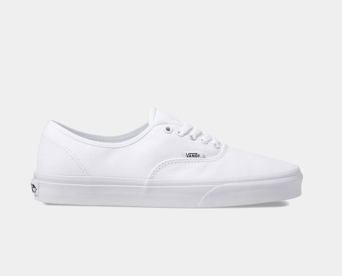 White low-top sneaker with lace-up eyelets and Vans logo patch on tongue