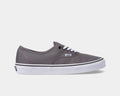 Grey canvas low-top sneakers with white laces and vulcanized rubber sole