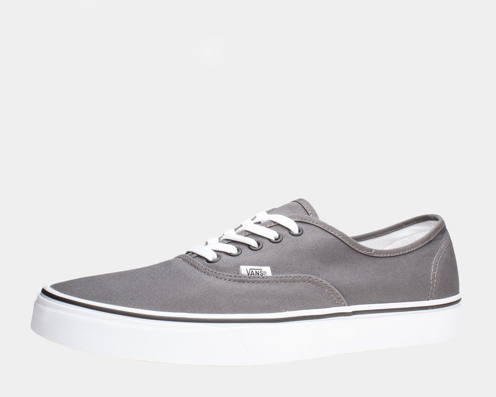 Grey canvas low-top sneakers with white laces and white rubber sole