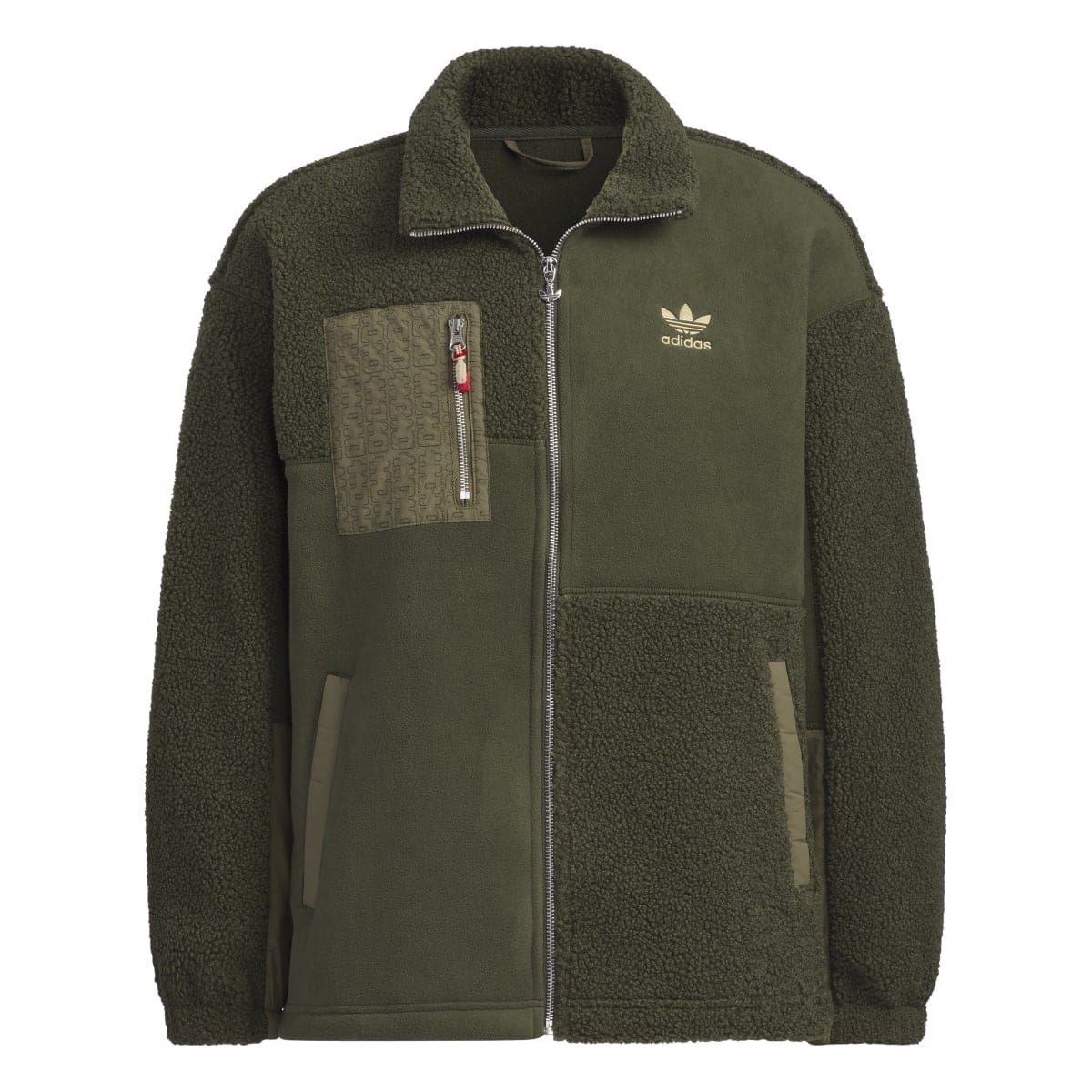 Olive green Sherpa full-zip jacket with Adidas logo, stand collar, and chest zip pocket