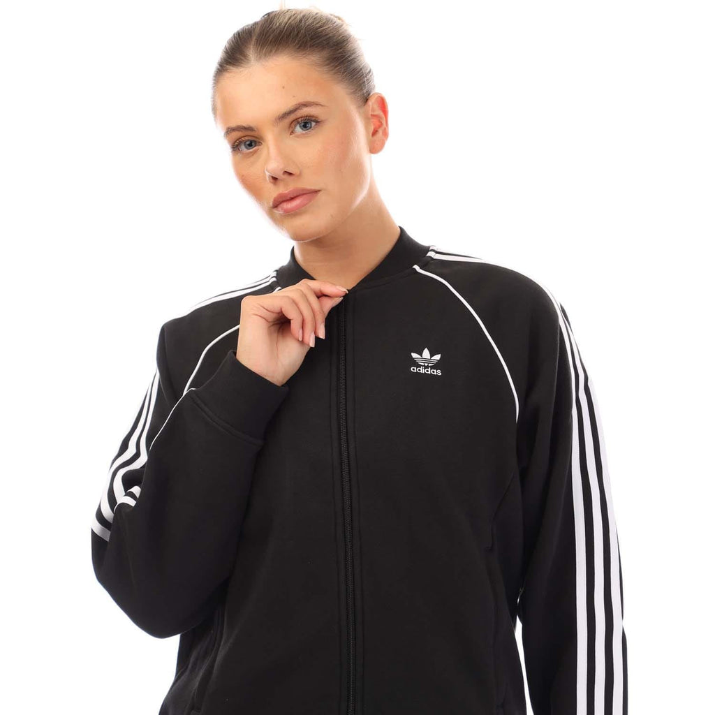 Black fleece bomber jacket with full zip and stand collar, adidas logo on chest