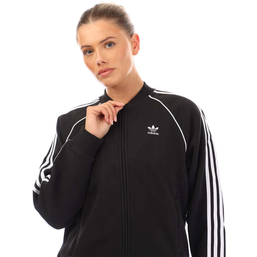 Black fleece bomber jacket with full zip and stand collar, adidas logo on chest