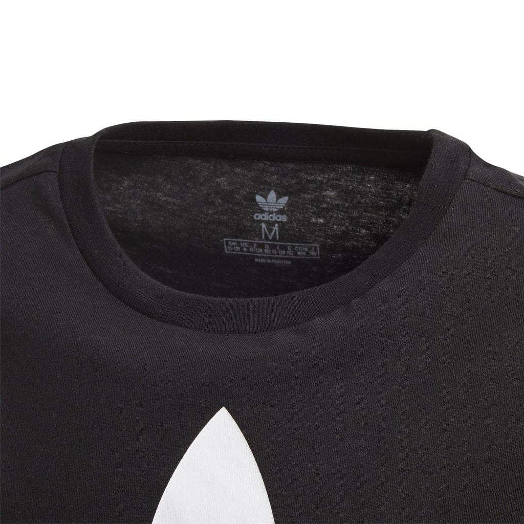 Kids black crew-neck T-shirt with adidas neck label and ribbed collar