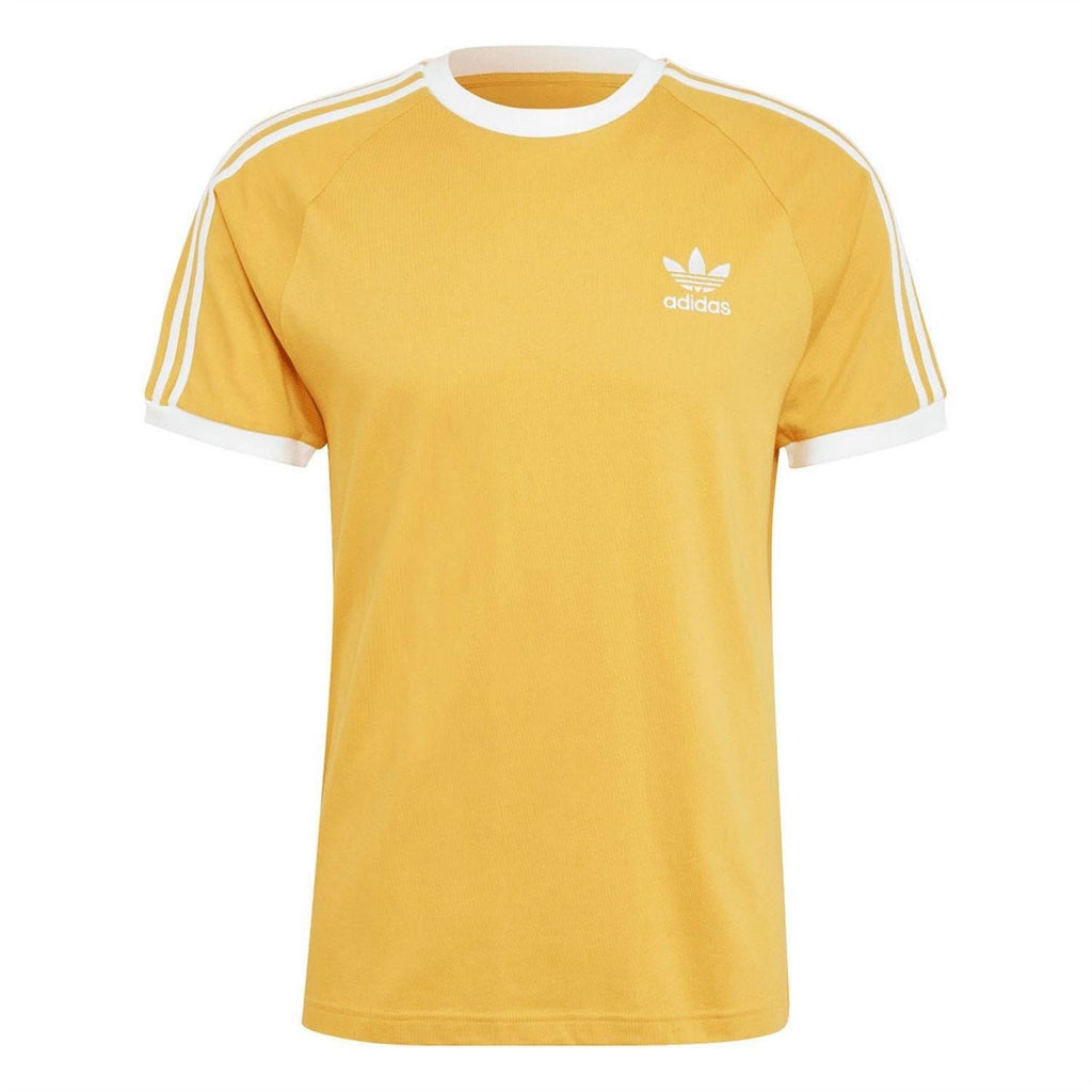 Yellow adidas T-shirt with white 3-stripe sleeves and small adidas logo at chest