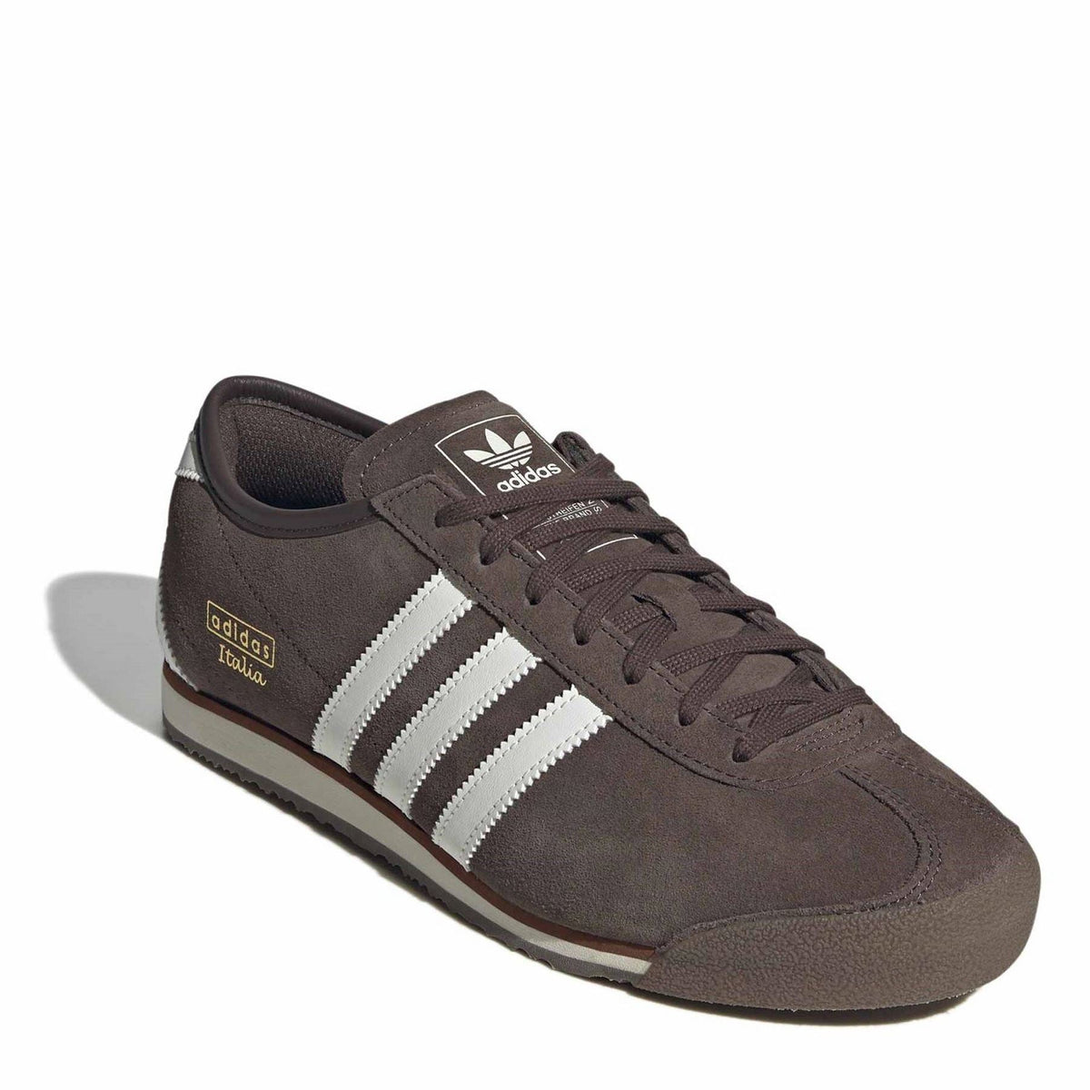 Brown Italia 70s sneaker featuring adidas Italia badge and off-white triple stripes