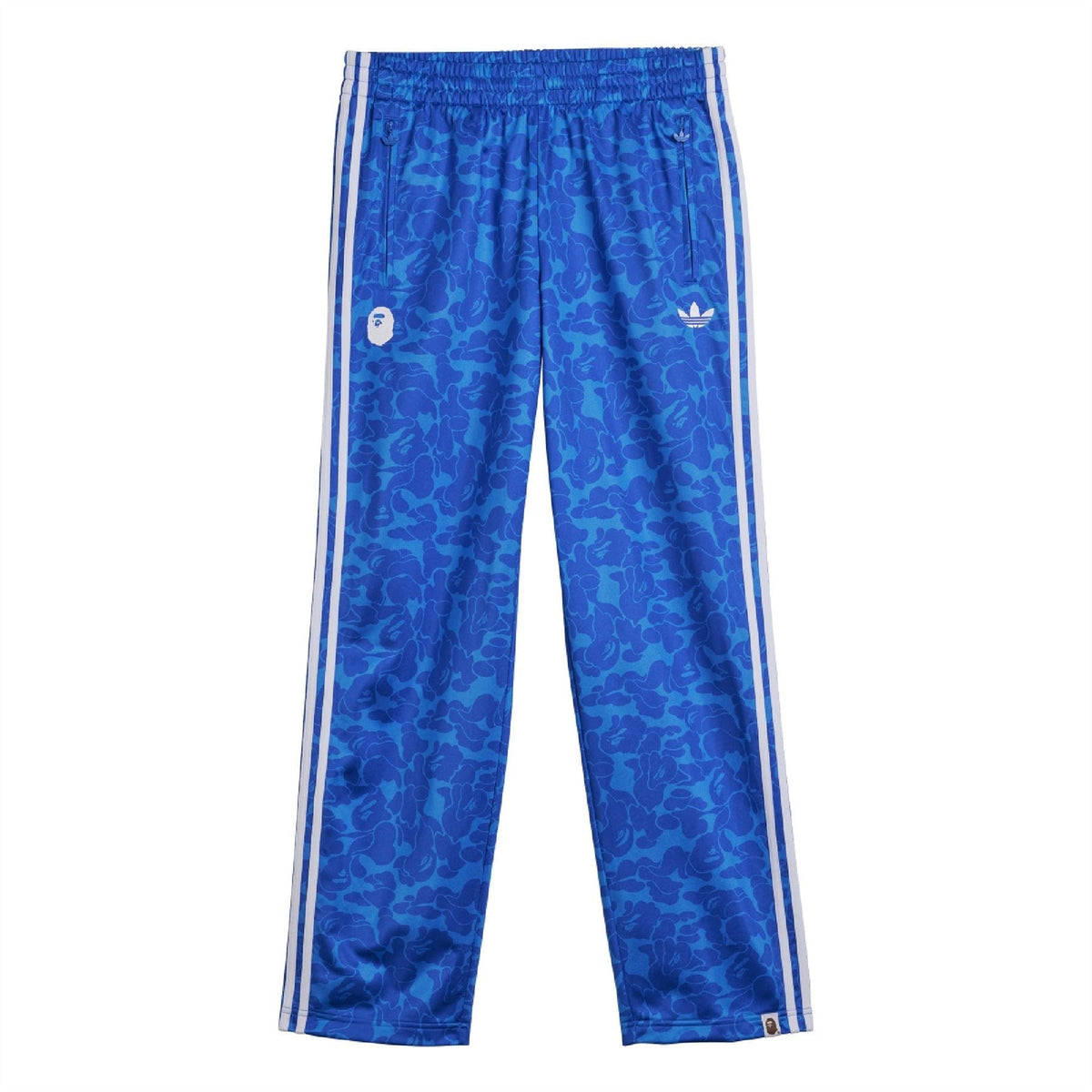 Blue camo track pants with white triple side stripes and elastic waistband