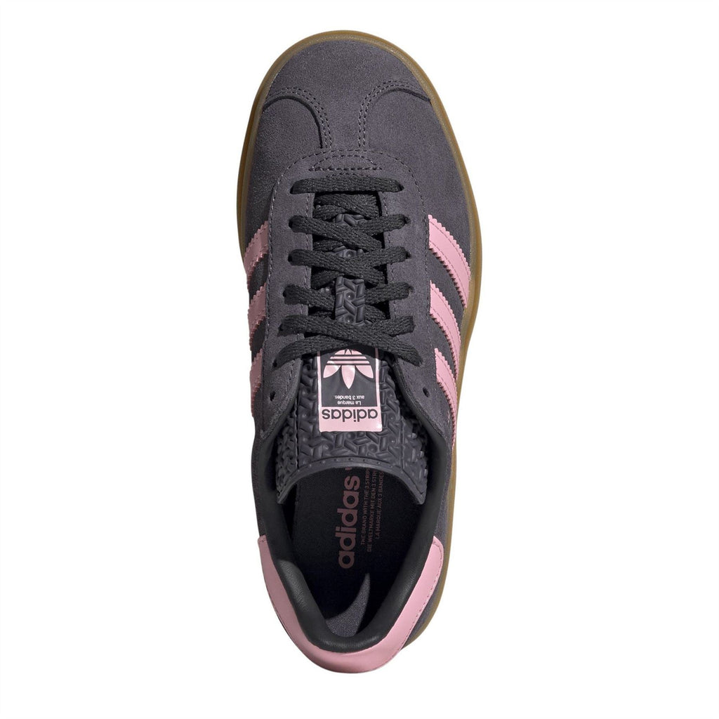 Adidas Gazelle Bold sneakers in dark gray with lilac and pink stripes, black laces