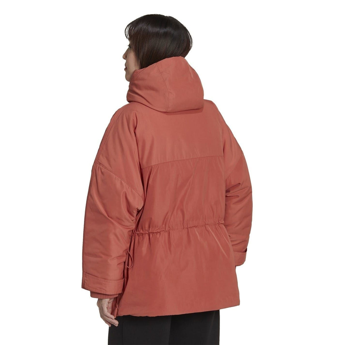 Burgundy parka back view with hood and relaxed long silhouette.
