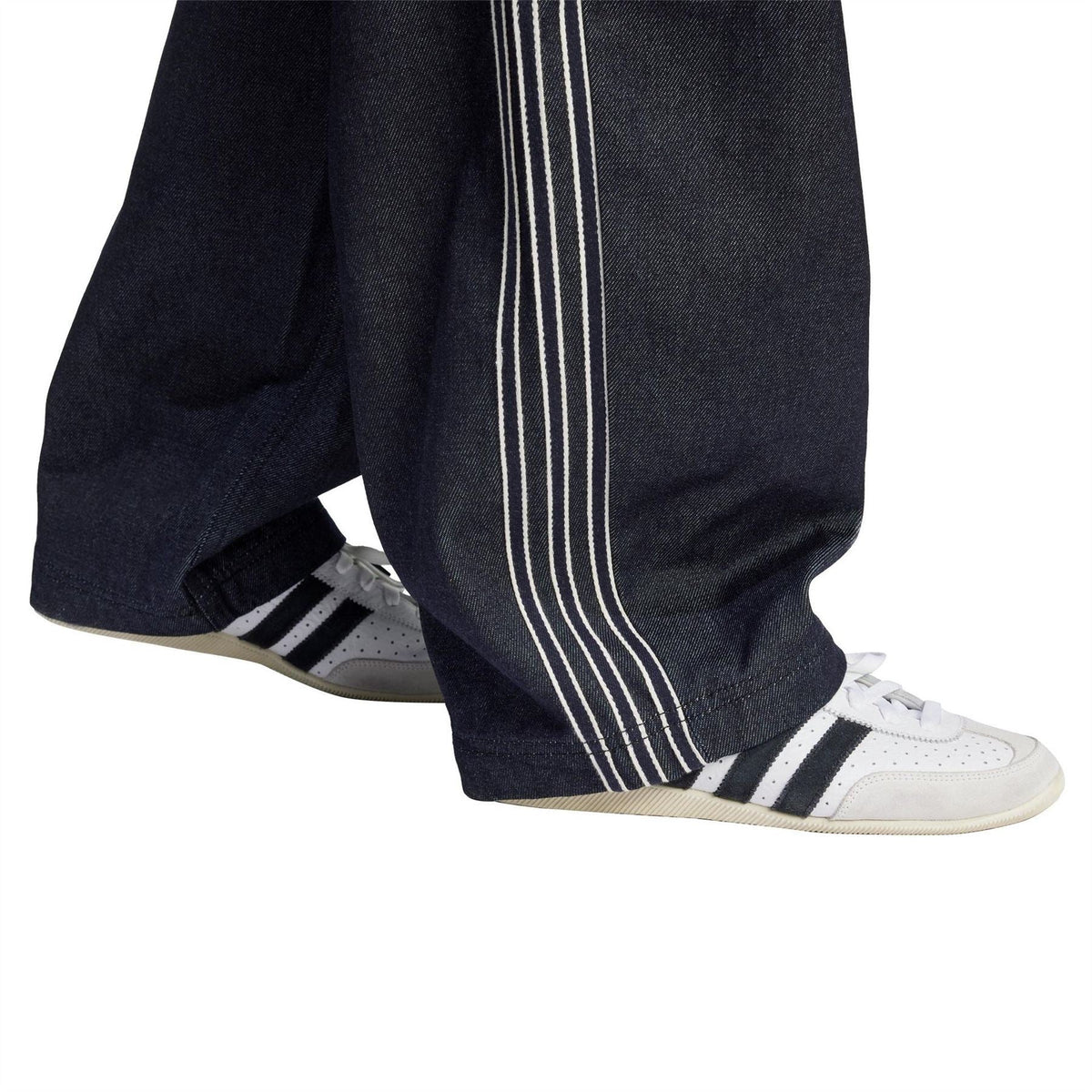 Indigo wide-leg jeans with triple stripe down the outer leg and ribbed cuff hem
