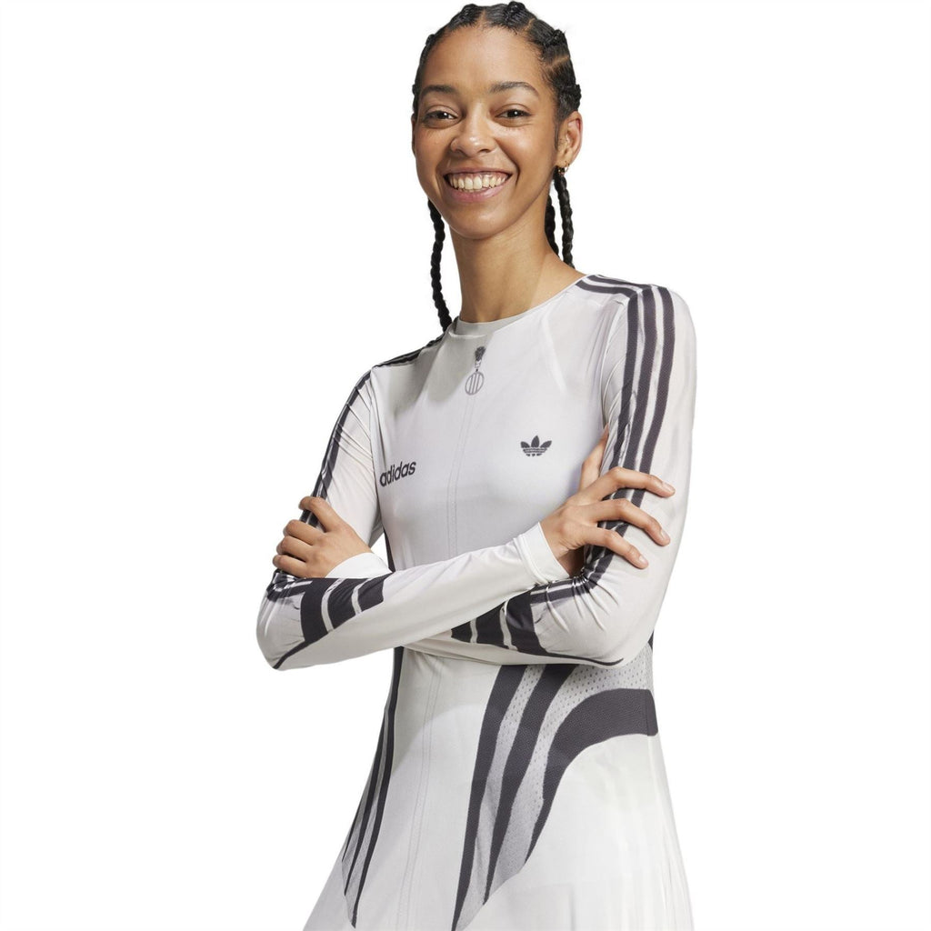 adidas Originals Atlanta Dre white dress with dark diagonal stripes on sleeves and chest