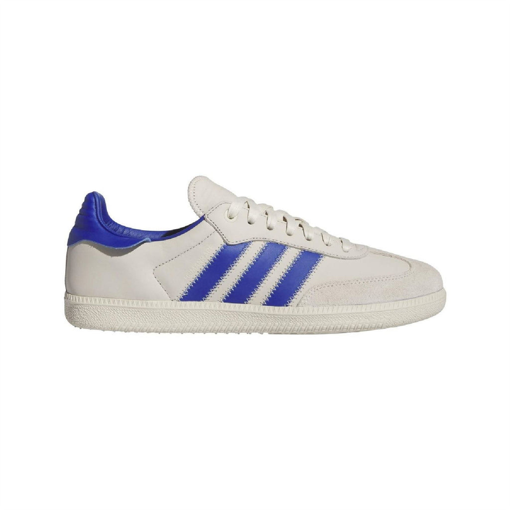 White and blue adidas Originals Samba trainers, side view with three blue stripes
