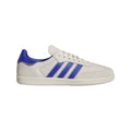 White and blue adidas Originals Samba trainers, side view with three blue stripes