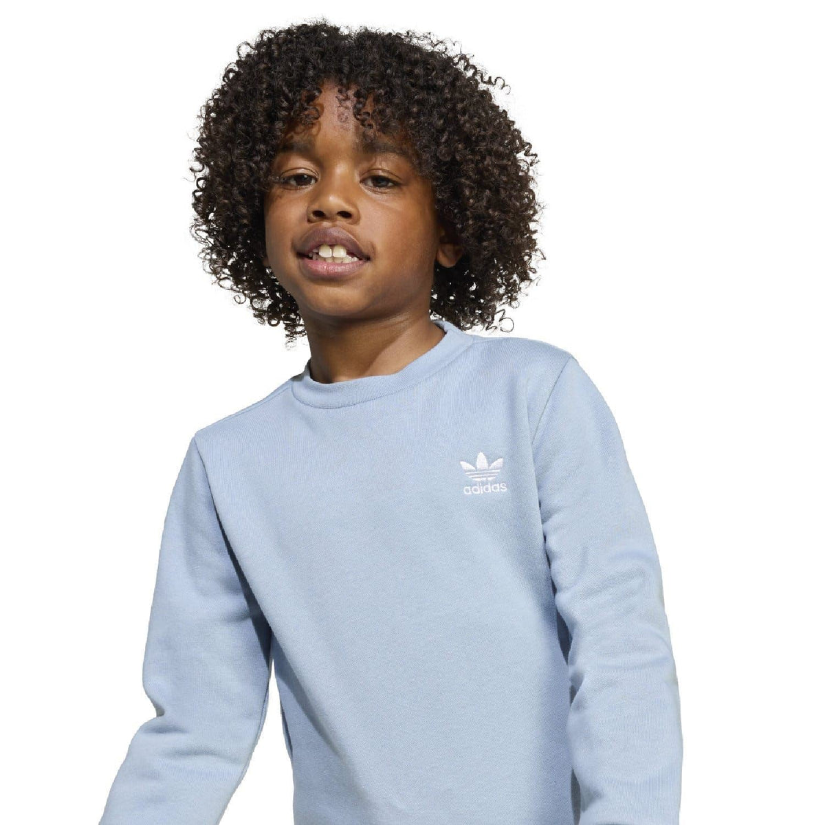 Light blue infant adidas Originals crew sweatshirt close-up with chest logo.