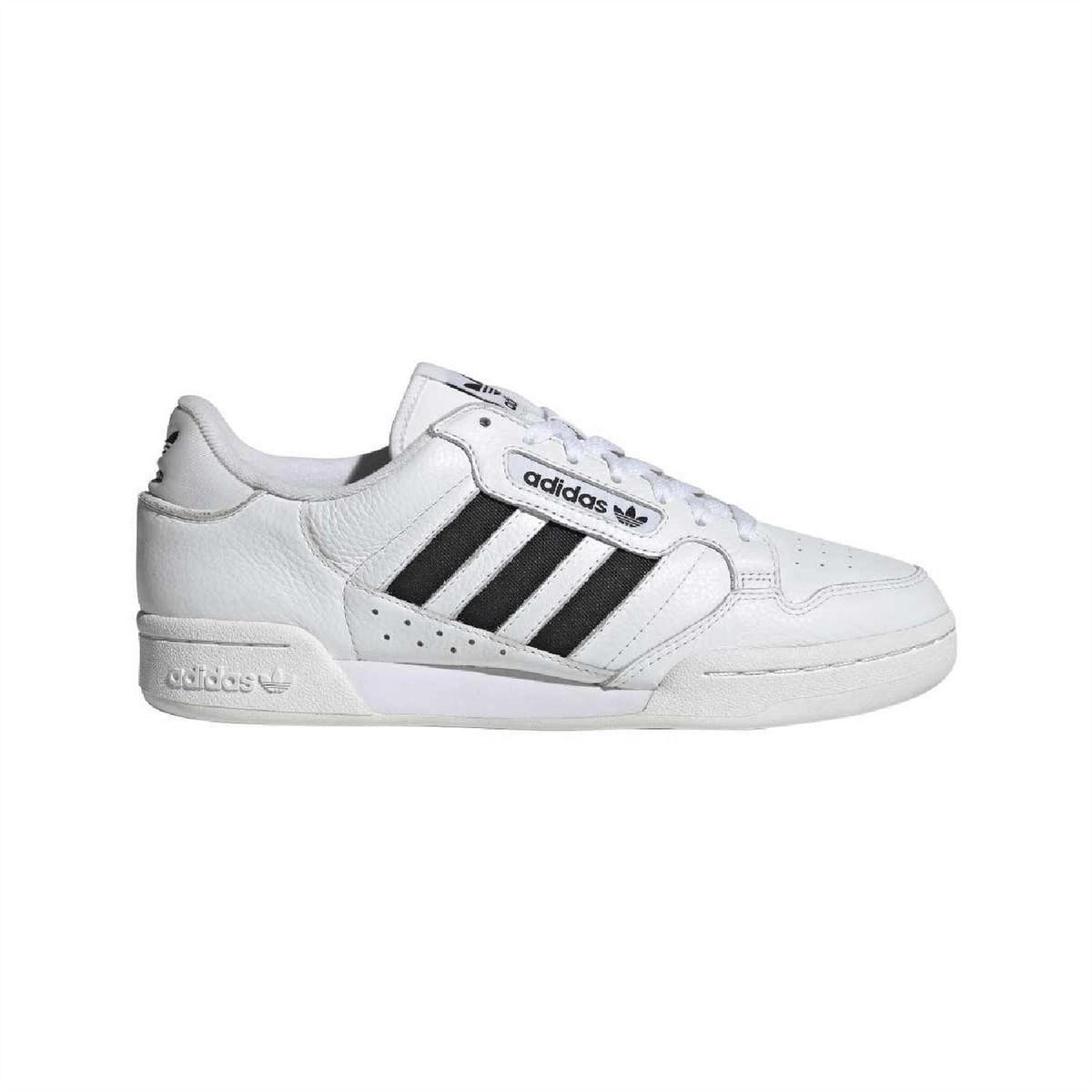 adidas Originals Continental 80 Stripes Trainers, classic white footwear with navy stripes and retro design, close-up of side view