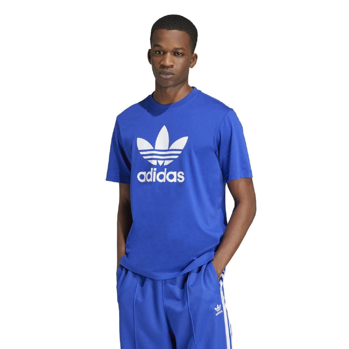 Blue crew-neck t-shirt front view with white adidas trefoil logo