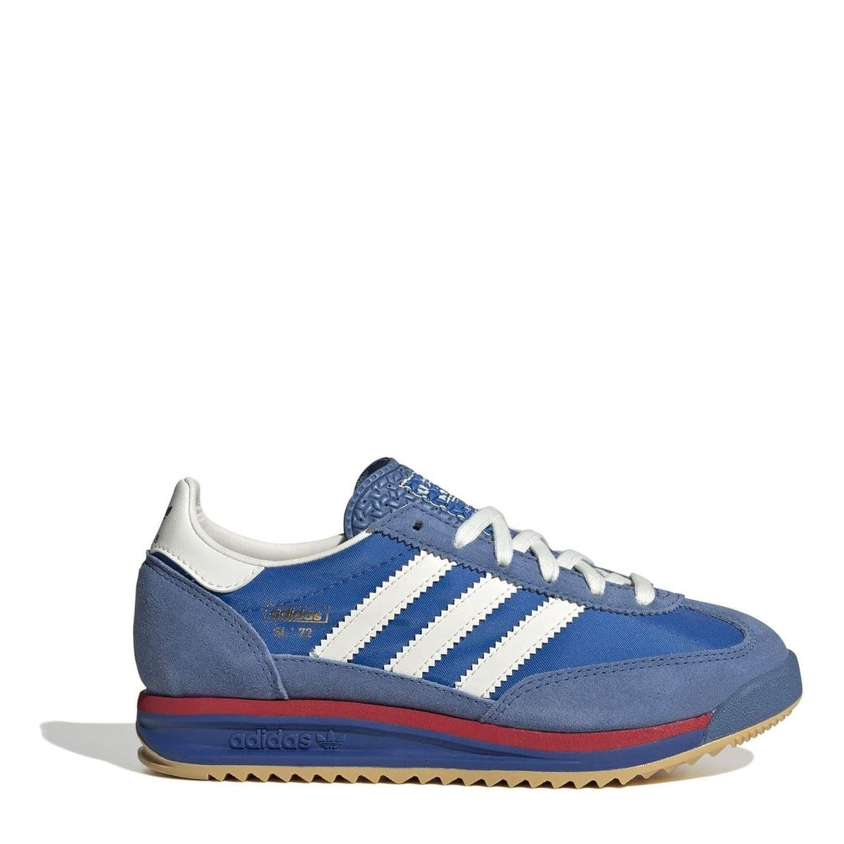 Blue suede low-top lace-up sneakers with white stripes and gum sole