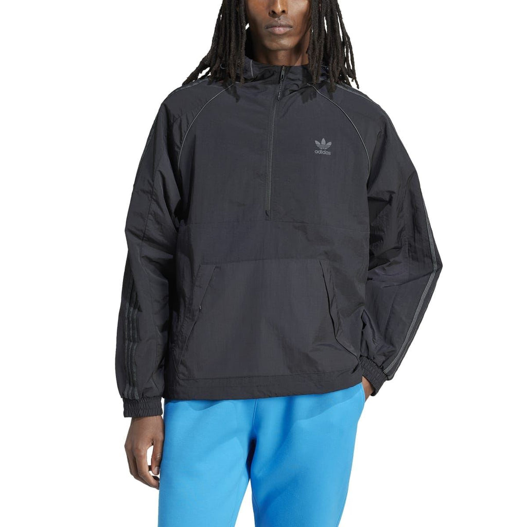 Black hooded adidas anorak jacket with front zipper and small chest trefoil logo