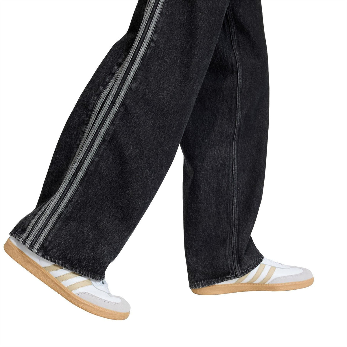 Black wide-leg denim jeans with side stripe panels and wide cuff hem