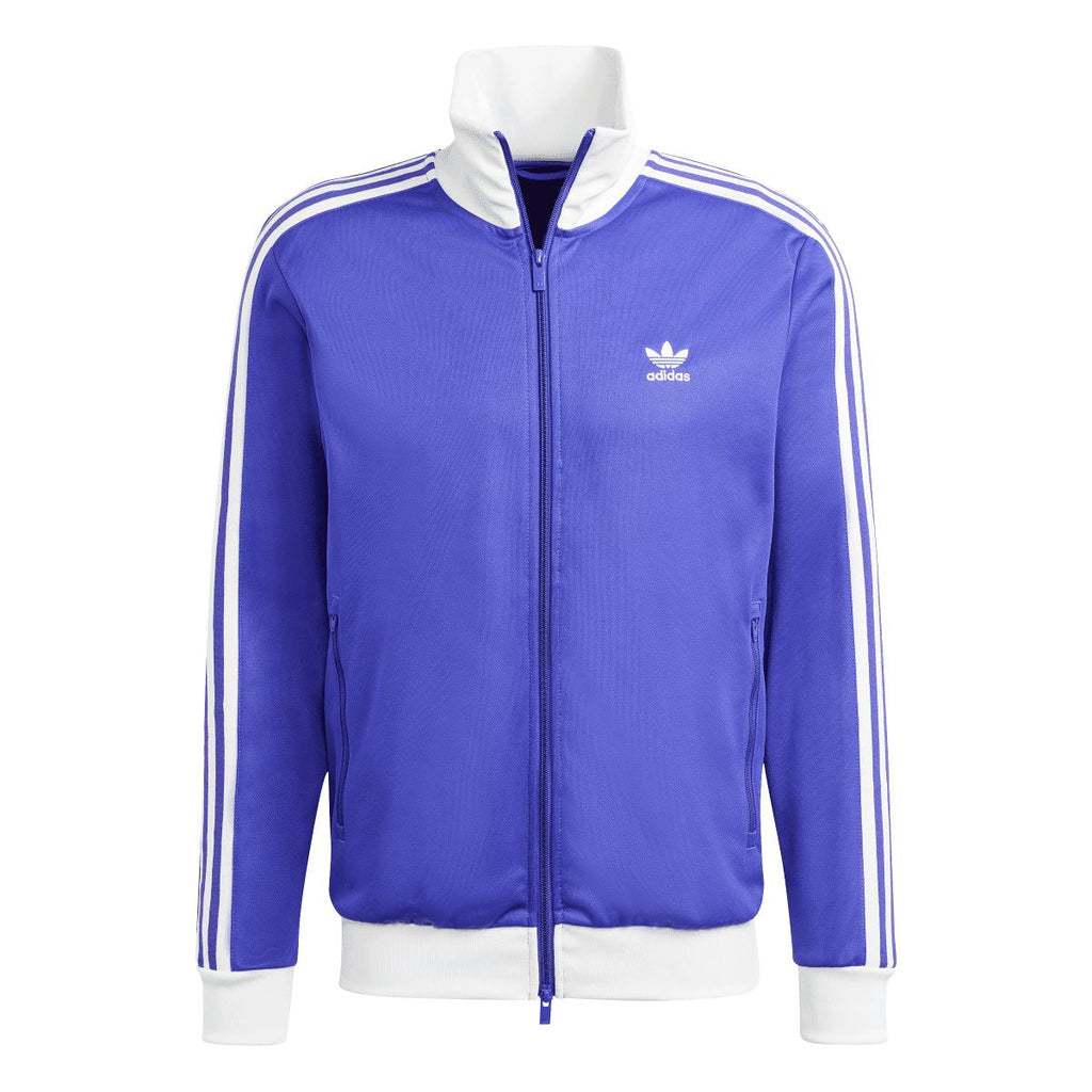 adidas track top in purple with white side stripes, full-zip front, stand collar
