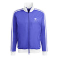 adidas track top in purple with white side stripes, full-zip front, stand collar