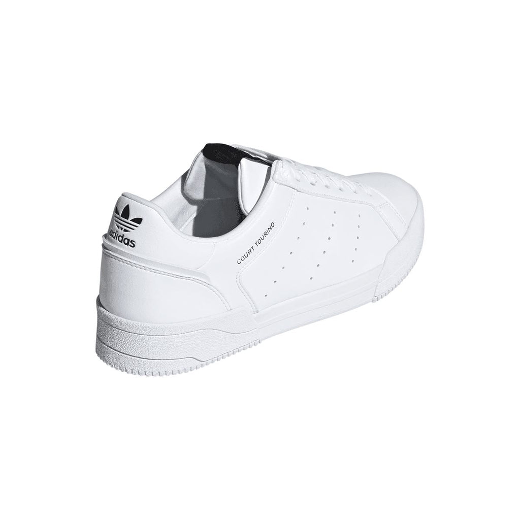 White adidas Originals Court Tourino trainers, rear side view with stitched paneling and lace-up.