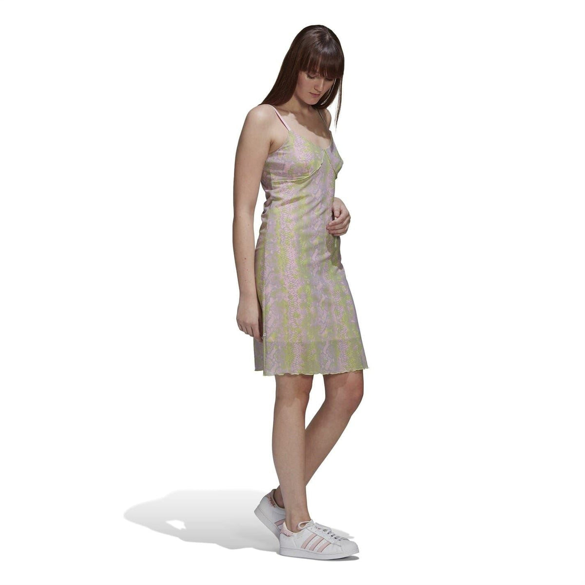 adidas Originals snake print midi slip dress with scalloped hem, pastel pink and green