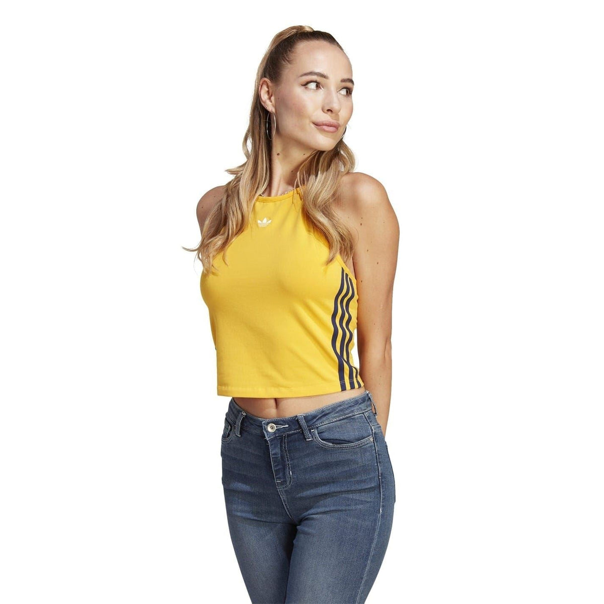 Yellow adidas cropped halter tank top with navy side stripe detail