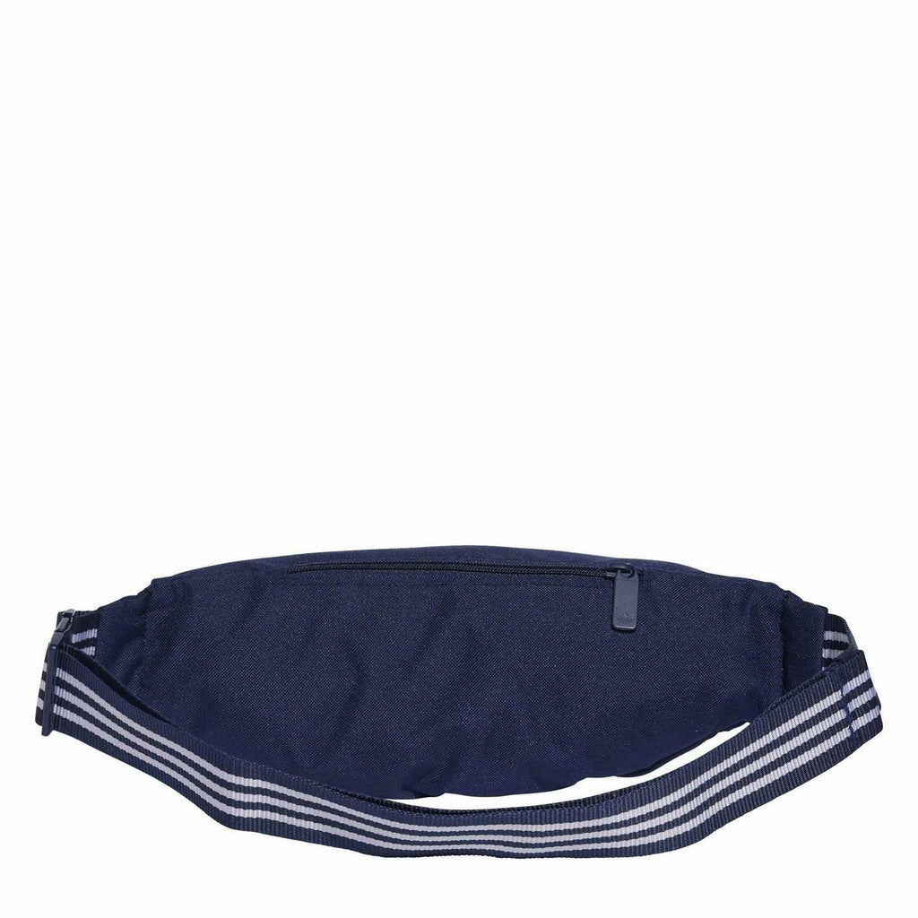 Dark indigo waist bag with top zip and striped webbing strap