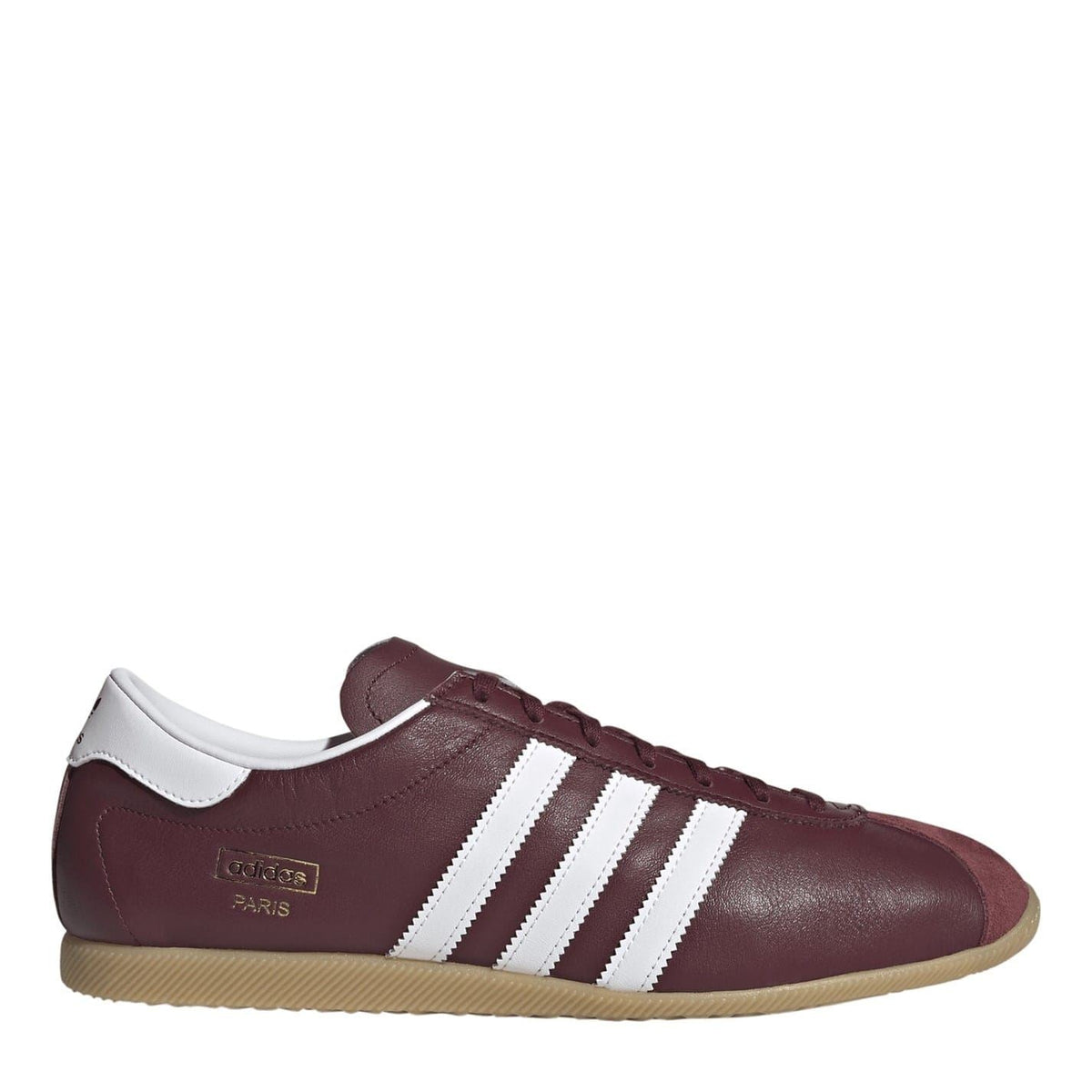 Burgundy lace-up low top sneakers with white three-stripe detail and gum sole