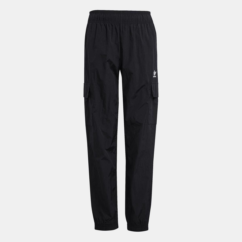 Kids black cargo track pants with elastic waistband and side cargo pockets, adidas trefoil logo