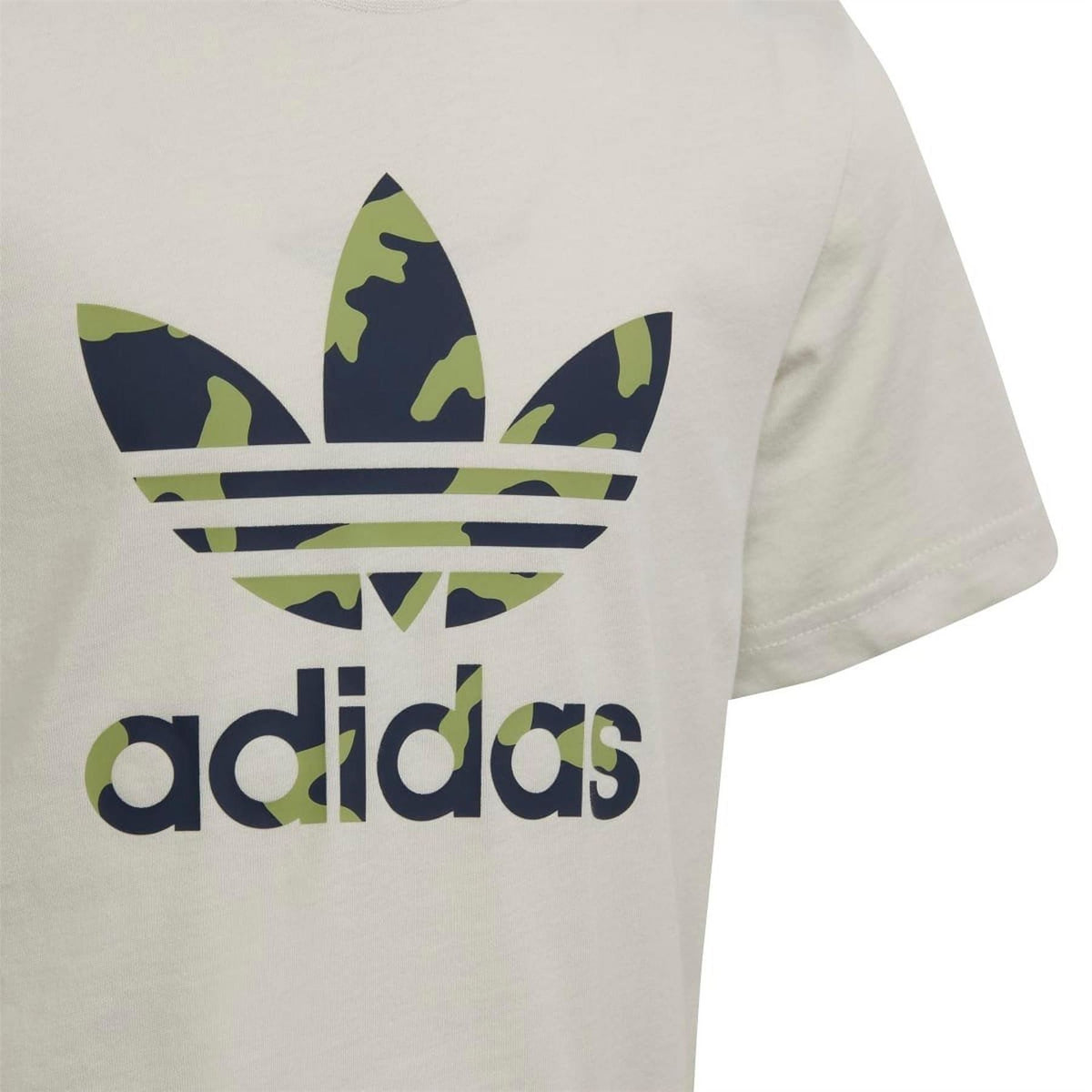 Light grey adidas Originals T-shirt close-up of trefoil graphic and adidas logo