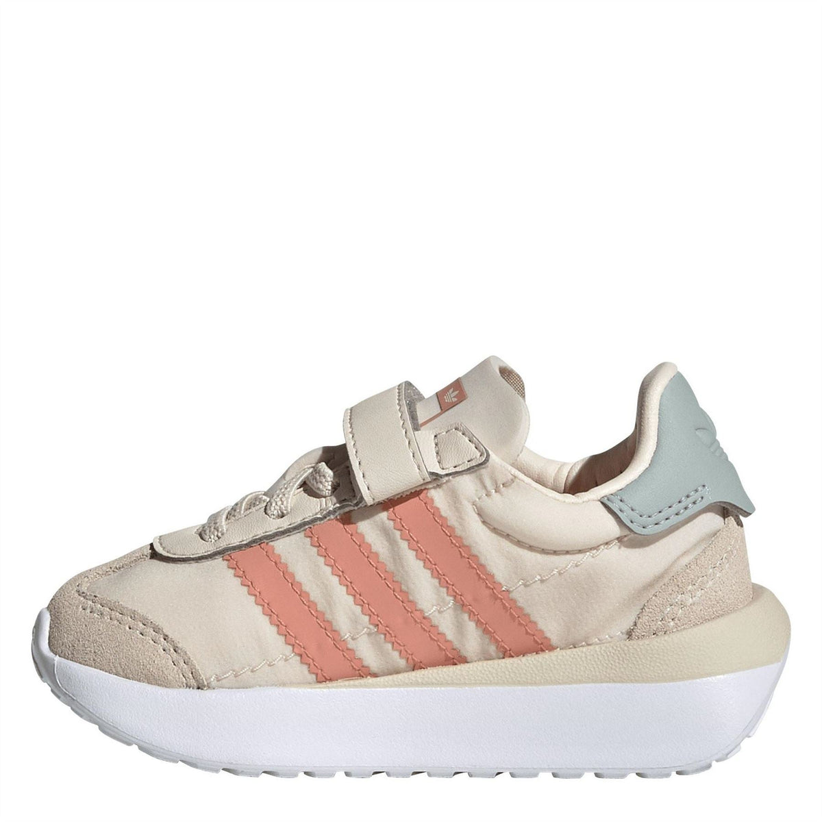 Low-top slip-on sneakers in off-white with coral stripes and light blue heel panel