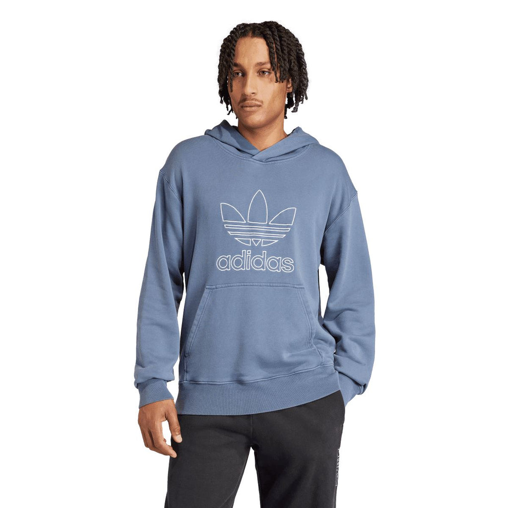 Blue pullover hoodie with adidas trefoil outline logo and kangaroo pocket